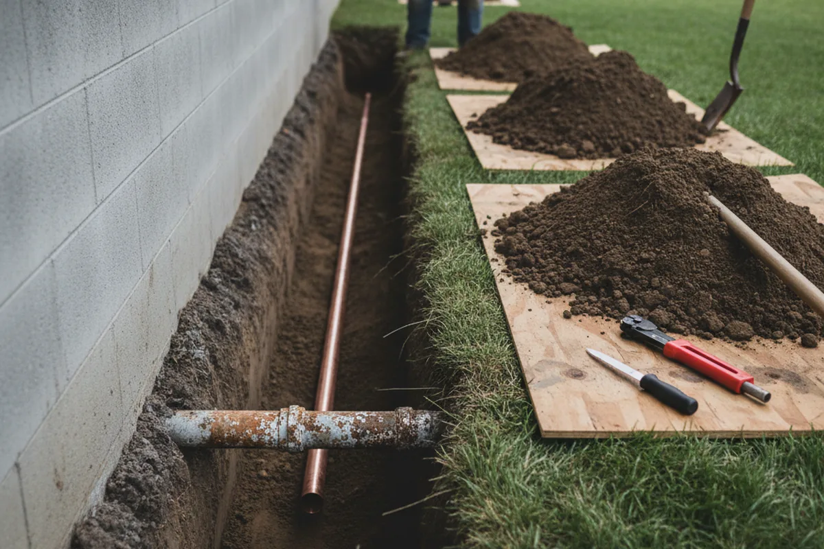 Excavated water line trench during Water Softener Installation in Red Bay